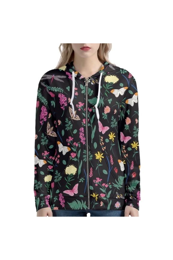 Women Butterfly Flowers Sweatshirt Hoodie with Zip-Front Pocket Athletic Yoga Clothing Size L Y2K Activewear Running Sweatshirt Casual Jackets