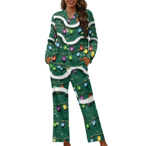 Renewold Women Button Nightwear Pajama Sets Christmas Colorful Lights Crewneck Pj Long Pants Set with Big Pockets 2pcs Comfort Soft Walking Jogger Pajamas Shirt Size M