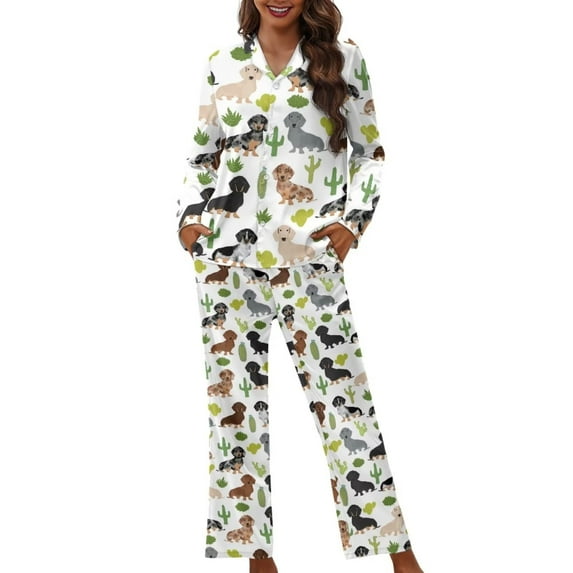 Renewold Women Button Pajama Set of 2 Dachshund Dog Cactus Athletic Clothing Size 4XL Cozy Sleepwear Pj Lightweight Pants Bottoms with Pockets & Pullover Athletic Clothing