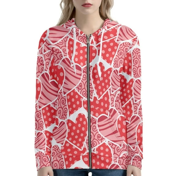 Renewold Women Casual Full Zip Up Hoodies Size 3XL Oversized Fall Clothing Sweatshirt Jacket Red Hearts Activewear Valentine's Day Long Sleeve Hoody Top