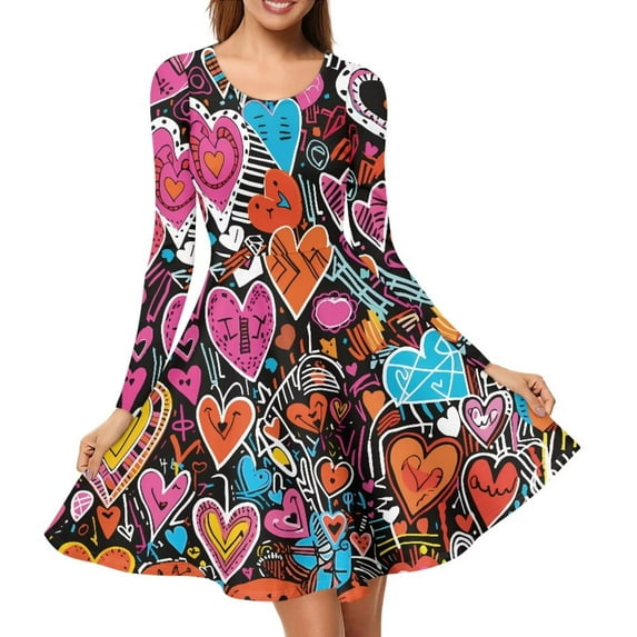 Renewold Women Dresses for Party Wedding Birthday Colorful Hearts Long Sleeve Knee Length Dress Valentine's Day Twirly Skater Dress A-Line Dress Size 2XL