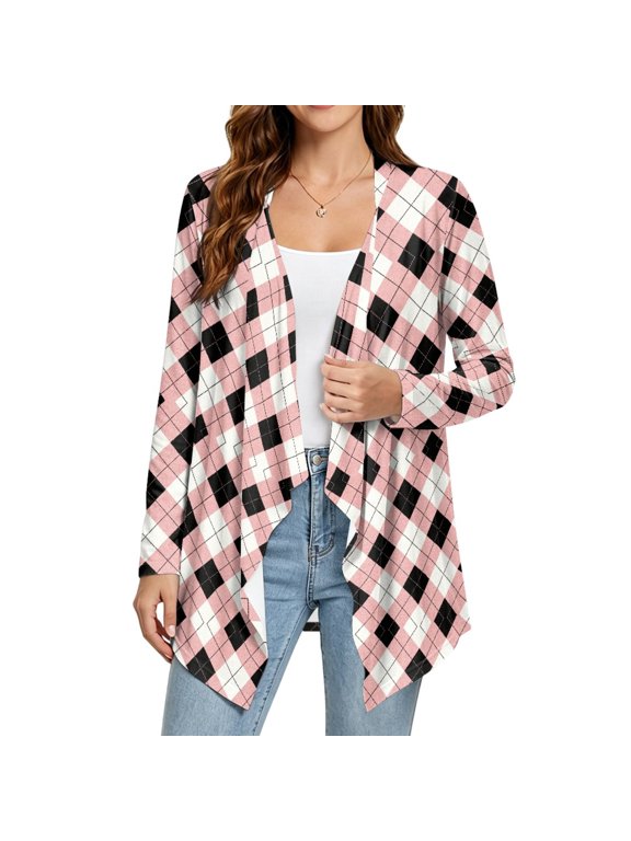 Women Lightweight Open Front Draped Cardigan Casual Cover Up, M, Long Sleeve Asymmetrical Hem Layering Jacket, Soft Stretch Outwear for Travel Daily Wear, Pink Black Argyle Print
