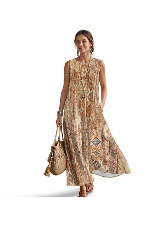 Women Linen-Look Polyester Dresses Comfortable Summer Sundress with Pockets A Line Baggy Maxi Dress Soft Crewneck Sundress Trendy, Aztec Tribal Geometric Diamond Print, M