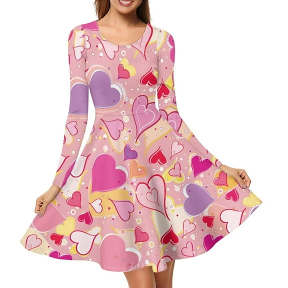 Renewold Women Long Sleeve Dresses for Special Occasions Casual Hearts Basic Skater Dress Size S Daily Life Birthday Party Formal Pleat Dress, Valentine's Day