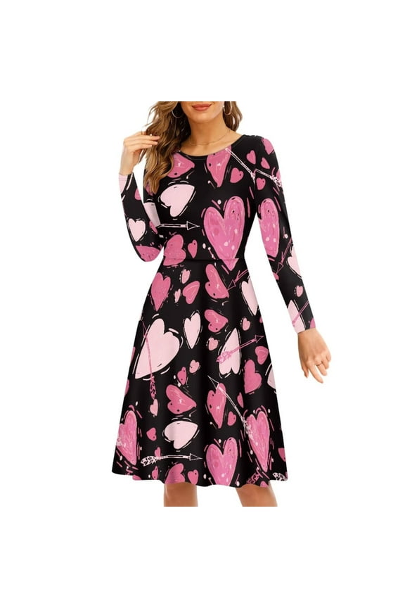 Women Long Sleeve Dresses for Wedding Cocktail Party Valentine's Day Gifts Casual Pink Hearts Swing Sundress Soft Midi T-Shirt Dress for Ladies Size M