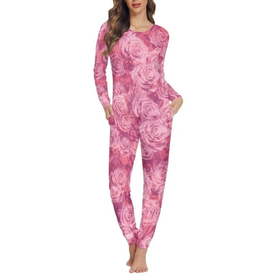 Renewold Women Nightwear Long Sleeve Shirt Pants Pajama Set Fantasy Pink Roses Print Sleepwear Pjs Holiday Home Party Clothes Size 3XL