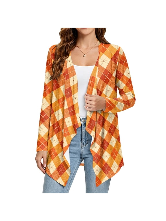 Women Open Front Draped Topper, Lightweight Layering Cardigan, M, Casual Long Sleeve Asymmetrical Hem Outfit, Soft Cover Up for Daily Travel Holiday Outfits, Orange Red Argyle Print
