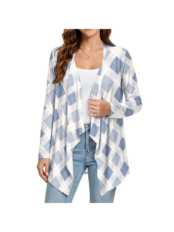 Women Open Front Long Sleeve Lightweight Casual Cardigan, XL, Cozy Draped Front Hip Length Outerwear, Relaxed Fit with Irregular Hem, Soft Stretch Layering Top, Blue Beige Argyle Print