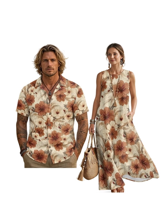 Women Oversized Floral Dress with Pockets Hawaiian Maxi Dress Men Short Sleeve Shirts Lightweight Breathable Beach Tops Men Shirts, Hawaiian Hibiscus Print, S