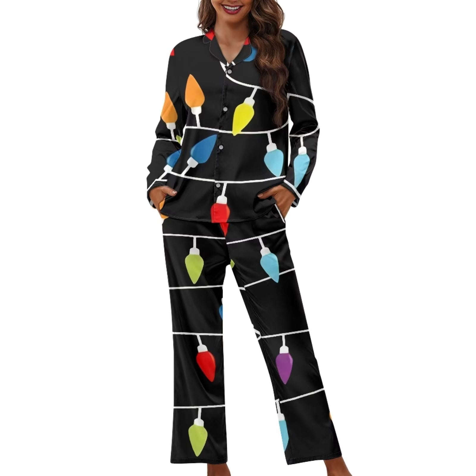 Renewold Women Sleepwear Shirt Long Pants with Pockets Fashion