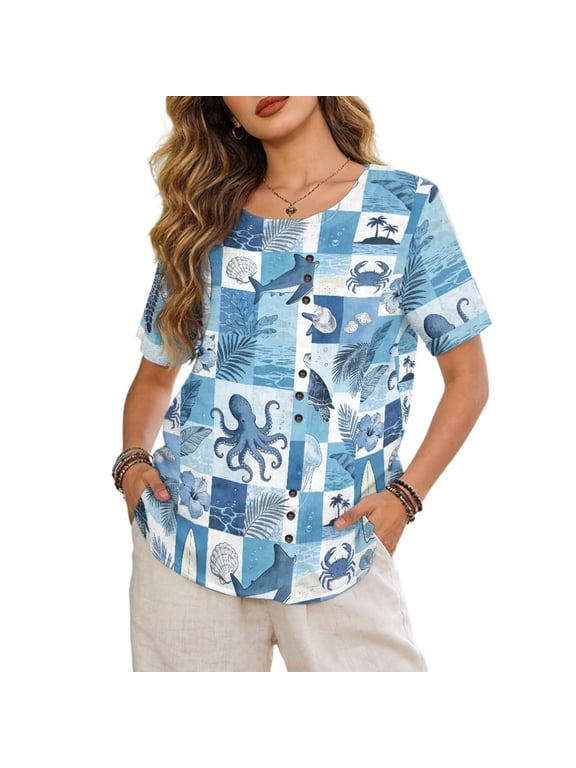 Women Summer Tunic Tops Linen-Look Polyester Short Sleeve Shirts with Decorative Buttons Comfortable Blouse for Womens Dressy Shirts, Shark Crab Palm Tree Fish Patchwork Print Blue, 2XL