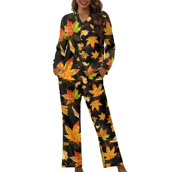 Renewold Women Thanksgiving Pajamas for Walking Jogger Cozy Fall Maple Leaves Sweatsuit Lightweight Crewneck Button Sleepwear Set 2 Pack Lounge Wear Athletic Clothing Size XL