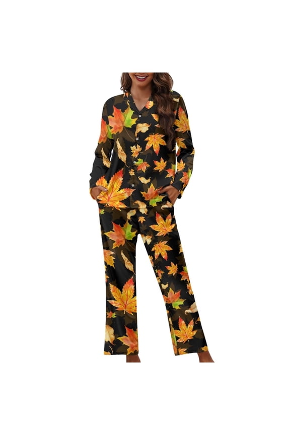 Women Thanksgiving Pajamas for Walking Jogger Cozy Fall Maple Leaves Sweatsuit Lightweight Crewneck Button Sleepwear Set 2 Pack Lounge Wear Athletic Clothing Size 4XL