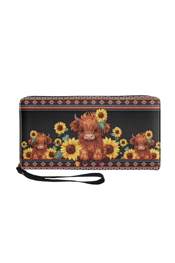 Women Wallet with Wrist Strap Zipper Card Holder Mini Wristlet Coin Bag PU Leather Long Clutch Cell Phone Case, American Tribal Highland Cow Sunflower Claret