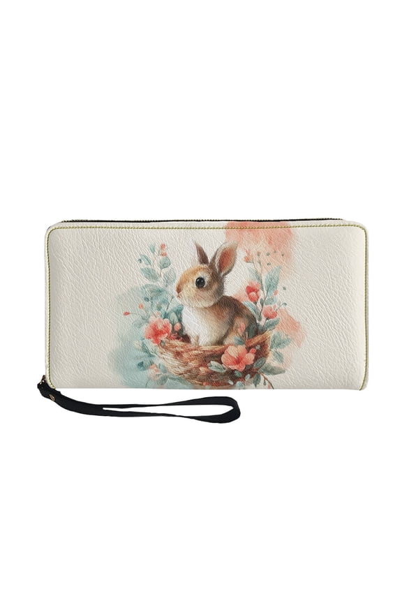 Women Wallet with Wrist Strap Zipper Card Holder Mini Wristlet Coin Bag PU Leather Long Clutch Cell Phone Case, Retro Easter Bunny Flower Beige
