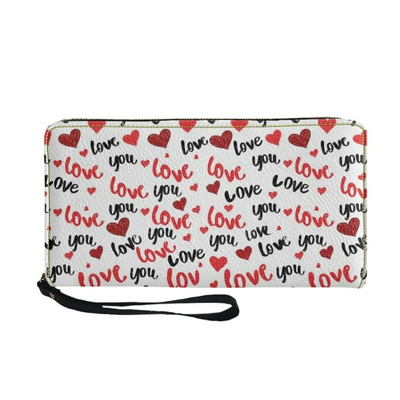 Renewold Women Wallet with Wrist Strap Zipper Card Holder Mini Wristlet Coin Bag PU Leather Long Clutch Cell Phone Case for Valentines Day, Heart Love You