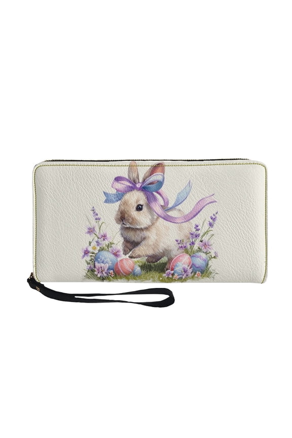 Women Wallet with Wrist Strap Zipper Closure Card Holder Mini Wristlet Coin Bag PU Leather Long Clutch Cell Phone Case, Retro Easter Bunny Egg Bow