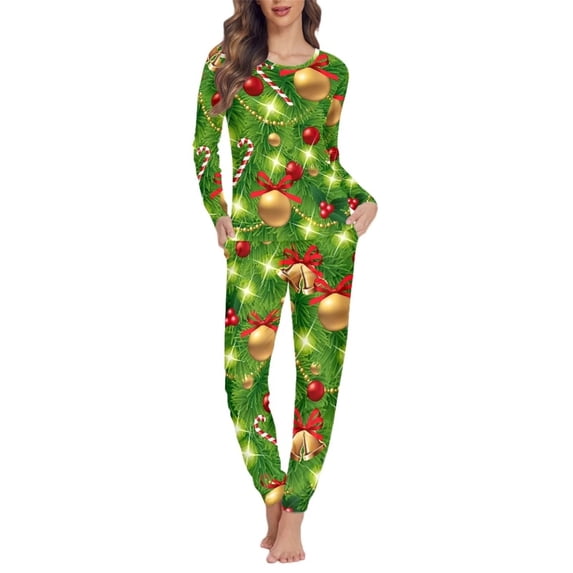 Renewold Women's Christmas Pajama and Pants Set of 2 Xmas Ball Candy Canes Sleepwear Long Sleeve Shirt Loungewear Novelty Multi-Season Scoop Neck Sweatshirt Size 5XL