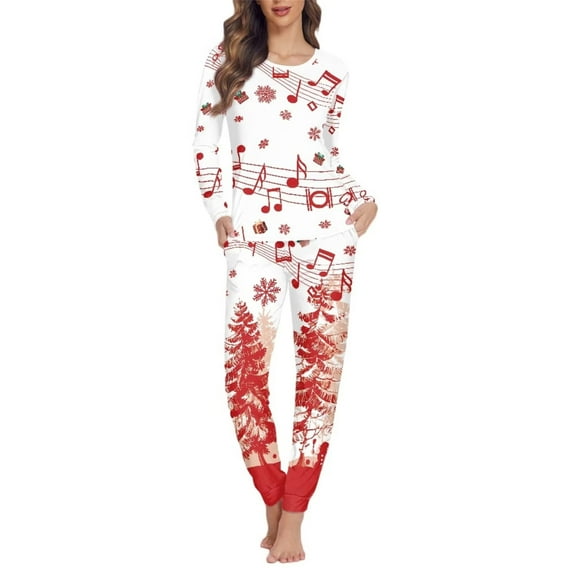 Renewold Women's Christmas Top and Pajama Set Sleepwear Lounge Sets Music Notes Snowflake Sleepwear Athletic Clothing Size 3XL Thermal Loungewear for Jogger Vacation