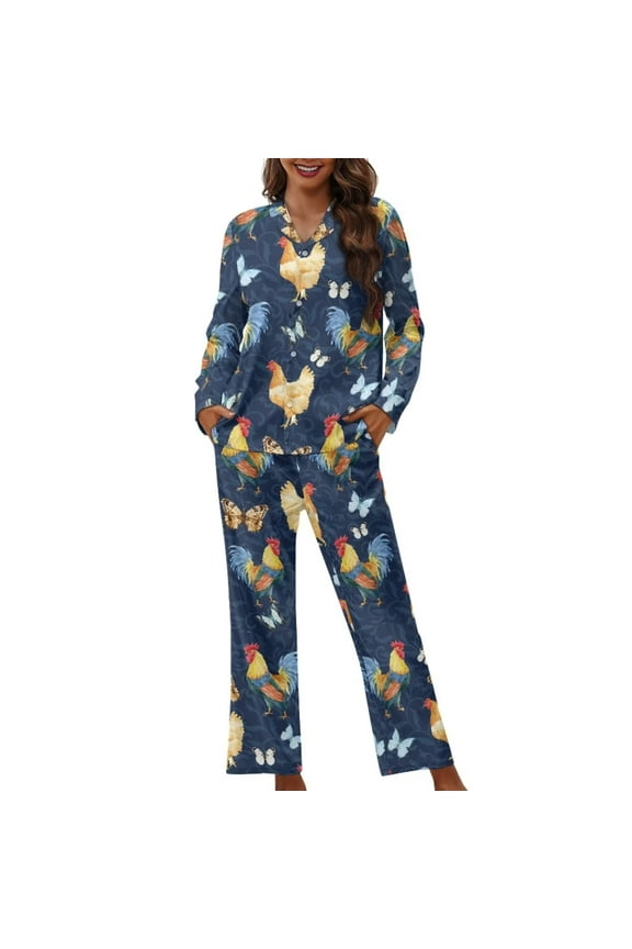 Women's Long Sleeve Pj's Button Down Sleepwear Pajama Set 2 PCS Chicken Butterfly Crewneck Beach Wear Pjs Shirt Warmth Athletic Outfits Clothing Size 2XL