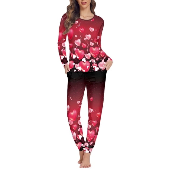 Renewold Women's Pajama Set of 2 Valentine's Day Pink Hearts Print Ladies Pj Sweatpants Top Snug-Fit Crewneck Long Sleeve Sleepwear Fall Winter Daily Wear Size 5XL