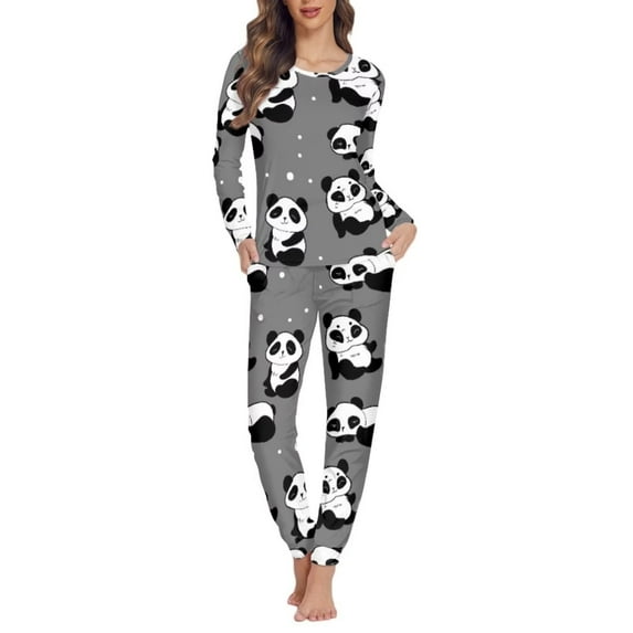 Renewold Women's Pajama Set Long Sleeve Scoop Neck Sleepwear 2 Piece Pajamas Soft Pjs Lounge Sets with Pockets Black & White Pandas Print Nightwear Indoor Home Life Sleep Lounge Size 4XL