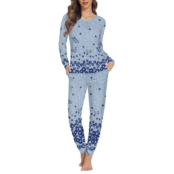 Renewold Women's Pajama Set Long Sleeve Sleepwear Ladies Soft Cozy Up Pjs Blue Flowers Butterflies Print Lounge Set Casual Outdoor Jogger Sweatpants Size L