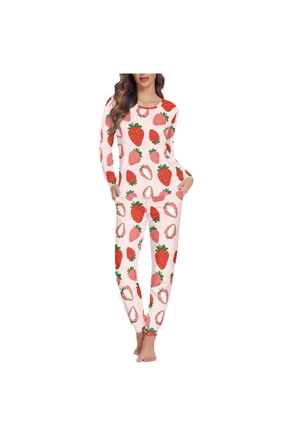 Women's Pajama Set Super-Soft Thin Loungewear Round Neck Long Sleeve Top with Pants Winter Holiday Vacation Casual Clothes Red Strawberries Shirts Size 2XL