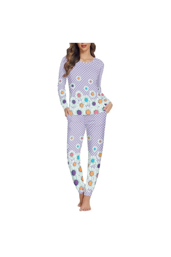 Women's Soft Long Sleeve Pajamas Set Beautiful Color Daisies Print Top and Pants Pjs Fall Winter Vacation Lounge Sleepwear Sets with Pockets Size XL