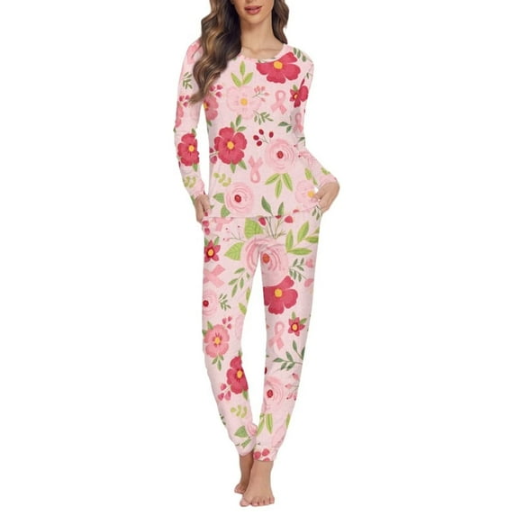 Renewold Women's Soft Long Sleeve Pajamas Set Pink Flower Ribbons Print Top and Pants Pjs Fall Winter Vacation Lounge Sleepwear Sets with Pockets Size XS