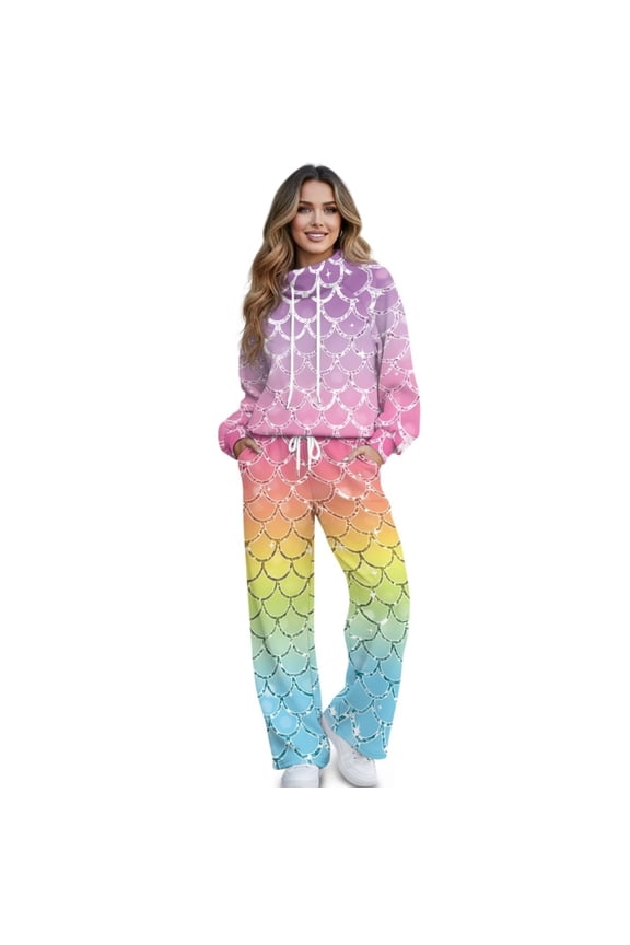 Women's Trendy Outfits, 2 Piece Outfits Include Sweatshirts and Wide Leg High Waisted Pants Lounge Sets Comfortable Matching Sweatsuits Set, Rainbow Color Mermaid Scales Print, S