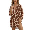 thumbnail image 1 of Renewold Womens Beach Cover Up Shirt Skin-friendly Button Up Shirt Women Long Sleeve Beach Blouses Bathing Suit Cover Up with Pockets Breathable Comfy Swimwear, Giraffe Print Brown, 2XL, 1 of 7