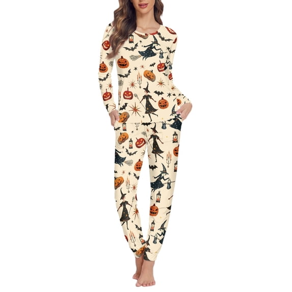 Renewold Womens Halloween Pajamas Cozy Lounge Sets Long Sleeve Pajamas Crew Neck Pjs Two Piece Nightwear Halloween Bats Witch Sleepwear with Pockets-4XL