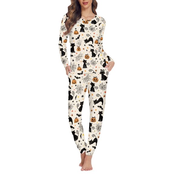 Renewold Womens Halloween Pajamas Cozy Lounge Sets Pumpkin Pajamas Long Sleeve Pajama Set Round Neck Breathable Pjs Top Black Cat 2 Piece Pj-3XL