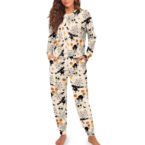 Renewold Womens Halloween Pajamas Fall Cozy Loungewear Plus Size Long Sleeve Sleepwear Drawstring Pajama Sets Witch Skull Two Piece Jogger Set Spider Web Nightwear Size XL
