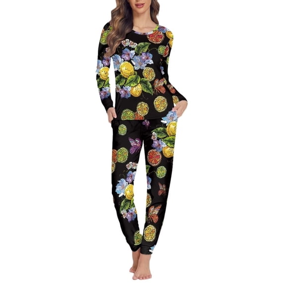 Renewold Womens Long Sleeve Shirt and Lounge Skinny Pajama Jogger Pants Colorful Lemon Bouquet Print Sleepwear Set Multi-Season Indoor outdoor Jogger Outfits Size 3XL