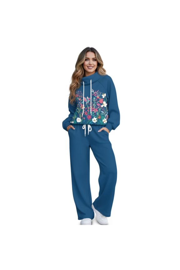 Womens Lounge Sets 2 Piece Outfits Comfortable Women's Activewear Mock Neck Pullover Drawstring High Waisted Sweatpants Matching Sets, Vintage Floral Hummingbird Print Blue, M