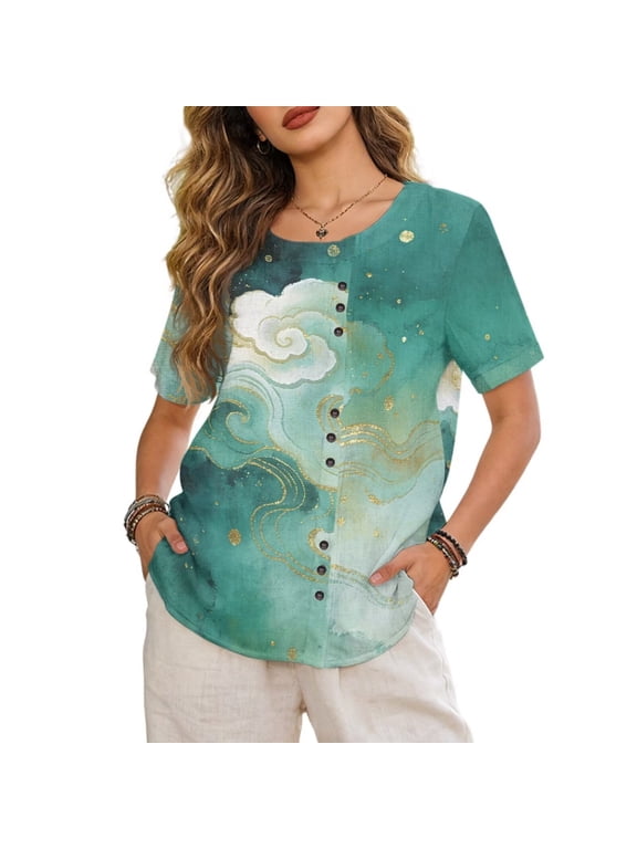 Womens Short Sleeve Blouse Crewneck Fashion Summer Shirts for Women Polyester with Linen Effect Short Sleeve Tops Lightweight Clothes Tunic Tops, Cloud Print Green, 2XL