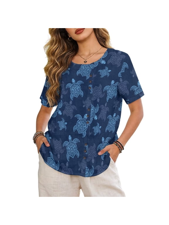 Womens Short Sleeve Blouse with Decorative Buttons Breathable Tops Crew Neck Linen-Look Polyester Summer Shirts for Women Tunic Tops Plus Size, Sea Turtle Print Blue, 3XL