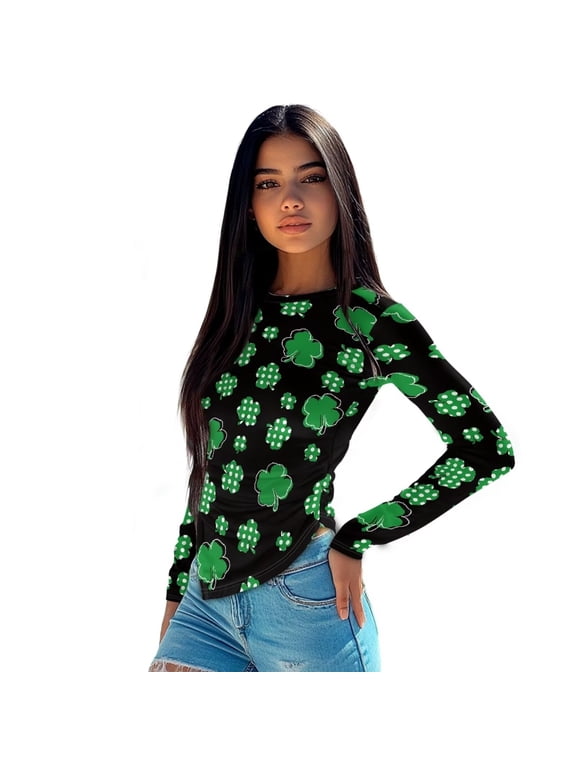 Womens Slim Fit Top Breathable Fashion Going Out Top Crewneck Long Sleeve Shirt Lightweight Women Clothes Basic T Shirts for St. Patrick's Day, Green Clover Print, S