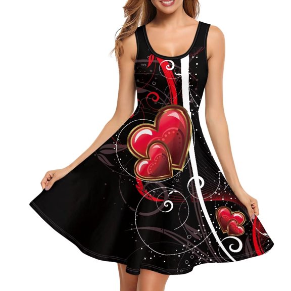 Renewold Womens Summer Dress Tank Top Casual Sleeveless Midi Dresses Size M Valentine's Day T-Shirt Sundress with Pockets Red Hearts Athletic Activewear, Black