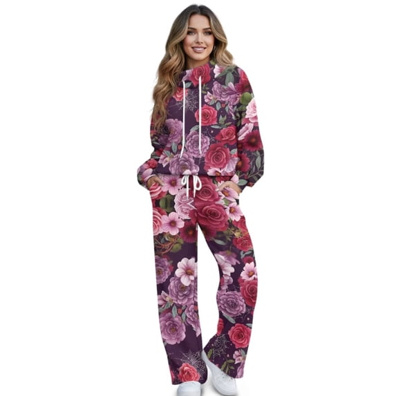 Renewold Womens Sweatsuits 2 Piece Set Long Sleeve Sweatshirts High Waisted Pants Vacation Outfits Matching Tracksuit Sets Sportswear for Women, Retro Rose Floral Print, M