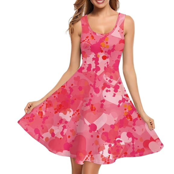 Renewold Womens Tank Top Dresses Summer Dress Valentine's Day A-Line Dress Size XS Stretchy Pink Heart Painting Tank Sundress with 2 Side Pockets