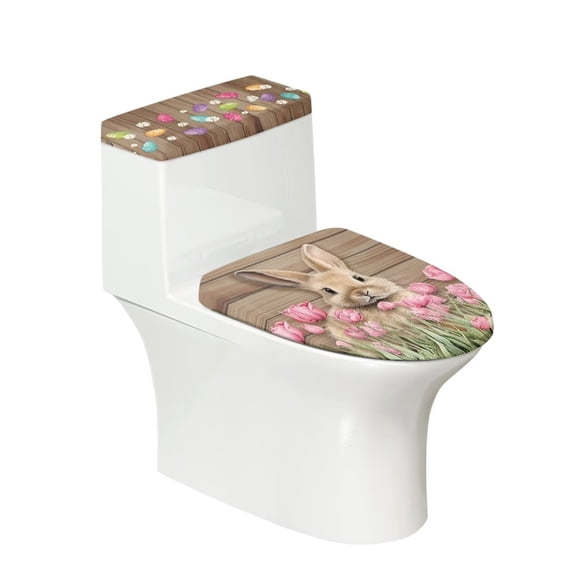 Renewold Wood Toilet Lid Cover and Toilet Tank Lid Cover Set 2 Packs Rabbit Flower Toilet Seat Lid Cover with Anti-Slip Elastic Edge Easter Holiday Decoration