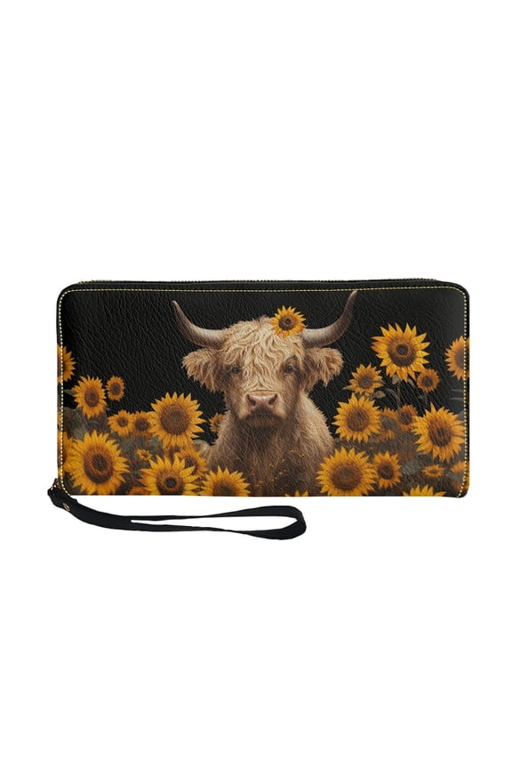 Wrist Strap Wallet for Women PU Leather Handbag Mens Long Clutch Cell Phone Case Zipper Card Holder, Highland Cattle Sunflower Black
