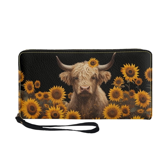 Renewold Wrist Strap Wallet for Women PU Leather Handbag Mens Long Clutch Cell Phone Case Zipper Card Holder, Highland Cattle Sunflower Black
