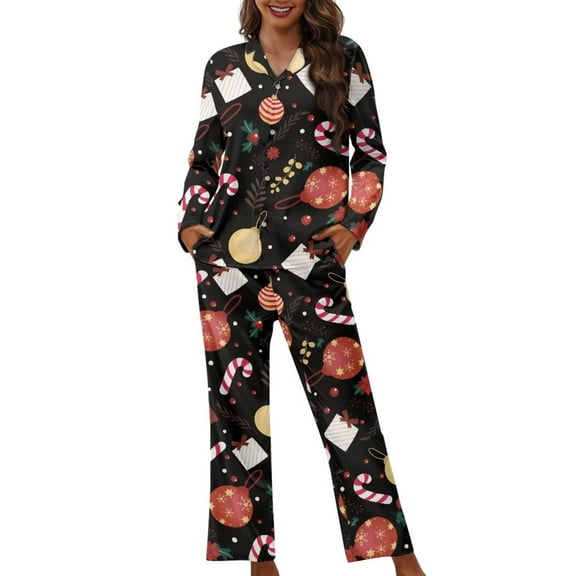 Renewold Xmas Ball Candy Canes Button Pajama Pants Set Christmas Sleep Down Daily Wear Clothing Personalized Life Nightwear Bedtime 2 Pack Thermal Sleepwear for Women Size XS