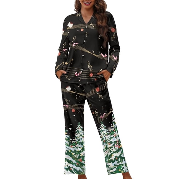 Renewold Xmas Trees Candy Canes Pjs for Women Christmas Birthday Gifts Softness Button Pajamas Nightwear 2 Pieces Scoop Neck Outfits Skin Friendly Pullover Lounge Wear Set Size L