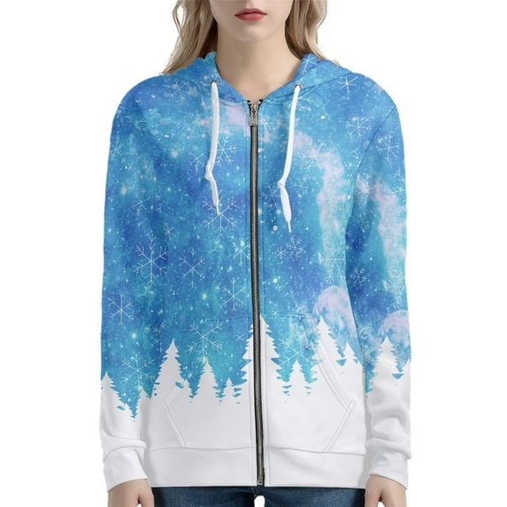 Renewold Xmas Trees Snowflake Full Zip Hooded Hoodies Y2K Christmas Hoody Jacket for Women Athletic Yoga Outfits Sweatshirt Daily Wear Clothing Size S