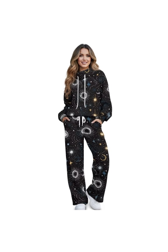 Y2K Fall Lounge Sets Petite for Women Drawstring Mockneck Sweatshirts Straight Leg Pants 2 Piece Outfits Loose Trendy Comfiest Airport Outfits, Planet Moon Star Galaxy Print, XS